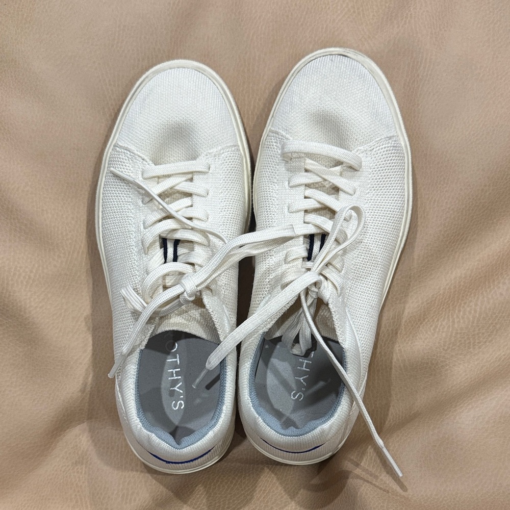 Rothy's White Knit Lace-Up Sneakers with Navy Heel Detail W 8.5 M 7